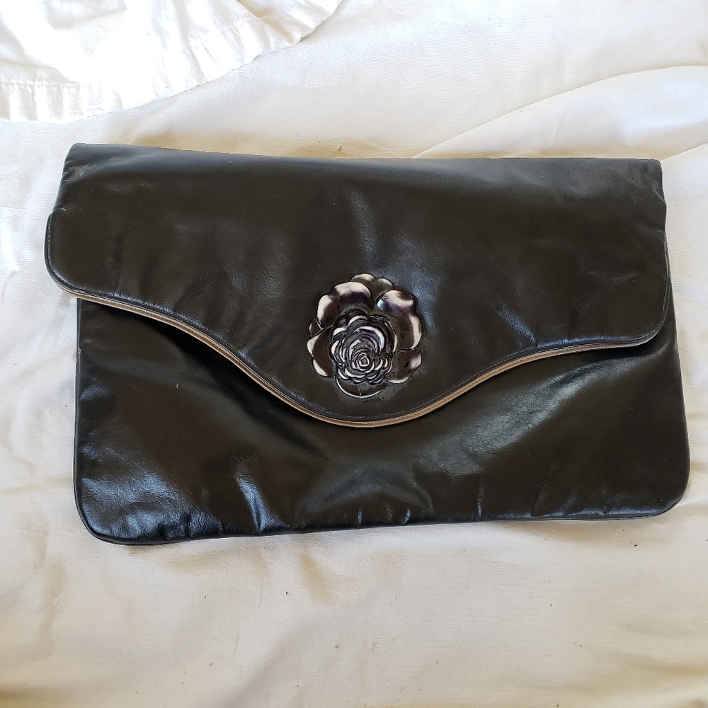Black leather Bestien Large Folding Clutch w/ Rose